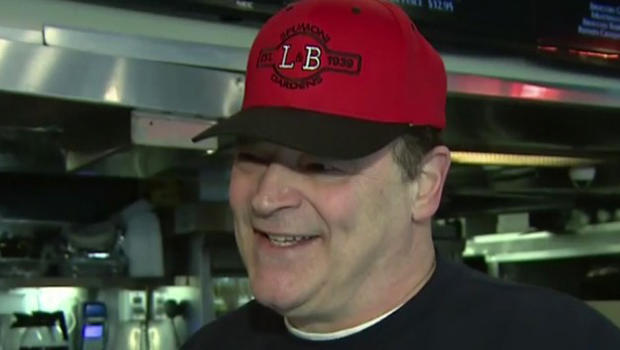 ​Louis Barbati, an owner of the famed L&B Spumoni Gardens pizza restaurant in Brooklyn, New York, appears in an interview broadcast on CBS New York station WCBS-TV in February 2016. 