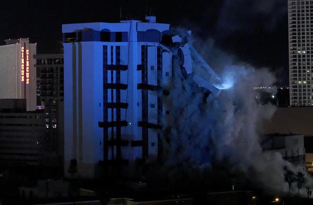 First Of The Riviera Hotel &amp; Casino's Two Towers Imploded 