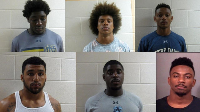 A combination photo shows, from top left, Notre Dame football players Te’von Coney, Max Redfield, Kevin Stepherson Jr. and, from bottom left, Ashton White, Dexter Williams and Devin Butler. 