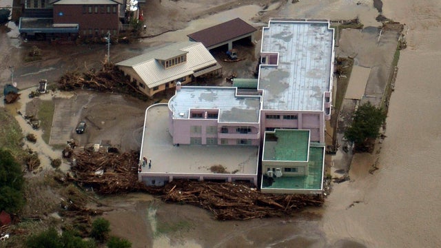 An aerial view shows a damaged home for the elderly caused by a flood triggered by Typhoon Lionrock 