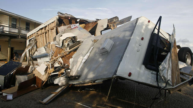 A destroyed travel trailer sits near the bay after rain and wind from Hurricane Hermine hit the town of Keaton Beach, Florida, Sept. 2, 2016. 