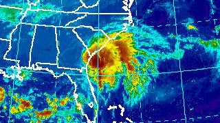 Tropical Storm Julia hits the southeastern U.S. in this infrared satellite image captured at 7:45 a.m. ET on Sept. 14, 2016. 