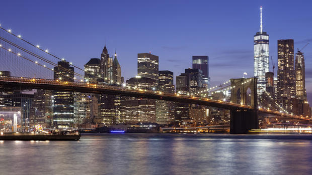 Manhattan waterfront at night, New York City, USA 
