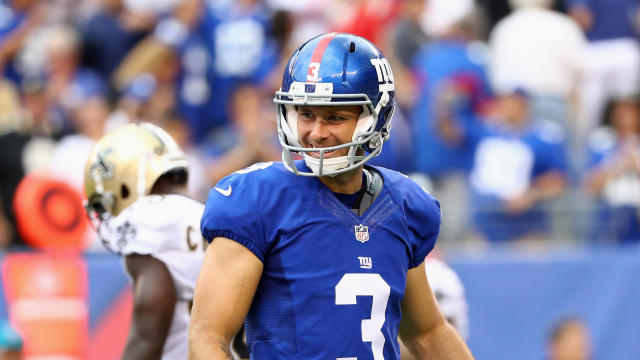 Kicker Josh Brown, No. 3 of the New York Giants, celebrates kicking the game-winning field goal against the New Orleans Saints in the fourth quarter at MetLife Stadium on Sept. 18, 2016, in East Rutherford, New Jersey. 