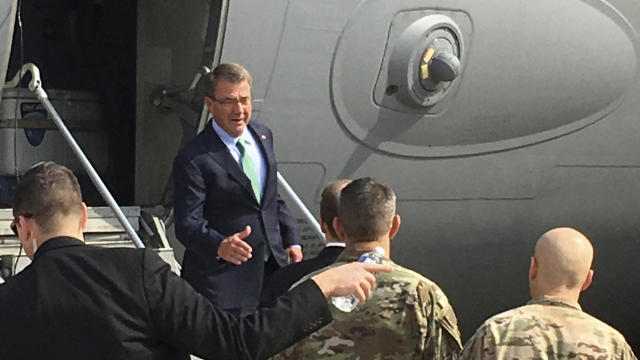 U.S. Defense Secretary Ash Carter arrives in Baghdad, Iraq, to meet with his commanders and assess the progress of the opening days of the operation to retake the city of Mosul from Islamic State of Iraq and Syria militants on Oct. 22, 2016. 