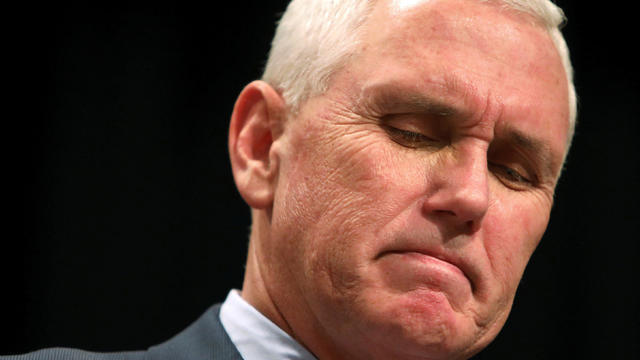 Republican vice presidential candidate Mike Pence pauses while speaking during a campaign event at the Des Moines Area Community College in Newton, Iowa, Oct. 11, 2016. 