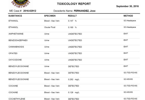 Jose Fernandez Toxicology Report 