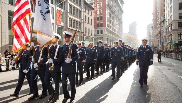 Coast Guardsmen from US Coast Guard Sector New York march in the Veterans Day Parade 
