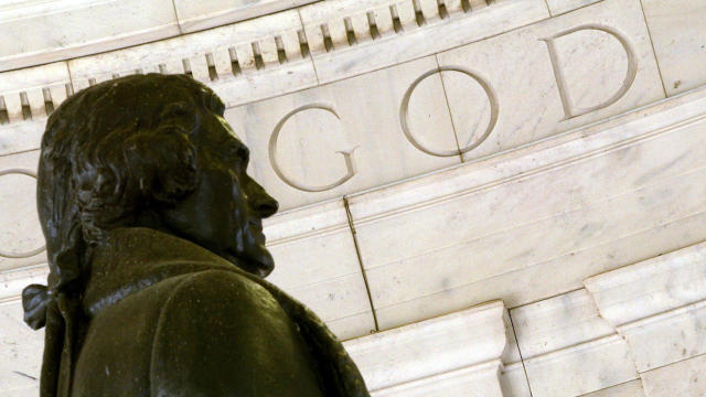 The word “God” is seen on the wall of the Thomas Jefferson Memorial Oct. 14, 2004, in Washington, D.C. 