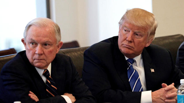 Donald Trump sits with U.S. Sen. Jeff Sessions, R-Alabama, at Trump Tower in Manhattan, New York, Oct. 7, 2016. 