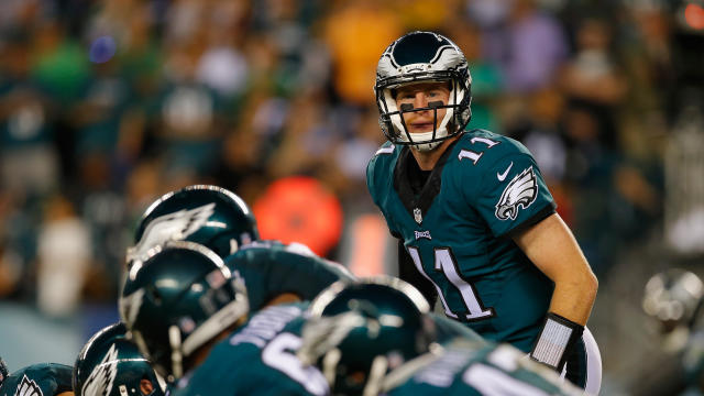 Quarterback Carson Wentz, No. 11 of the Philadelphia Eagles, is seen on the line of scrimmage in the fourth quarter against the Pittsburgh Steelers at Lincoln Financial Field on Sept. 25, 2016, in Philadelphia, Pennsylvania. 