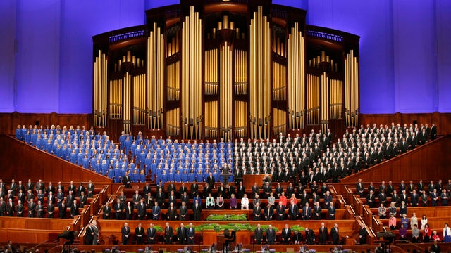 The Mormon Tabernacle Choir and church leaders sing together in the Conference Center during the 186th Annual General Conference of The Church of Jesus Christ of Latter-day Saints on April 2, 2016, in Salt Lake City, Utah. 