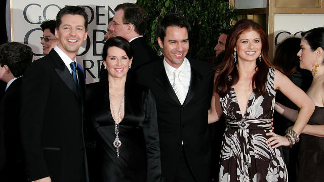 From left, Sean Hayes, Megan Mullally, Eric McCormack and Debra Messing of the show “Will & Grace” arrive at the 63rd Annual Golden Globe Awards at the Beverly Hilton on Jan. 16, 2006, in Beverly Hills, California. 