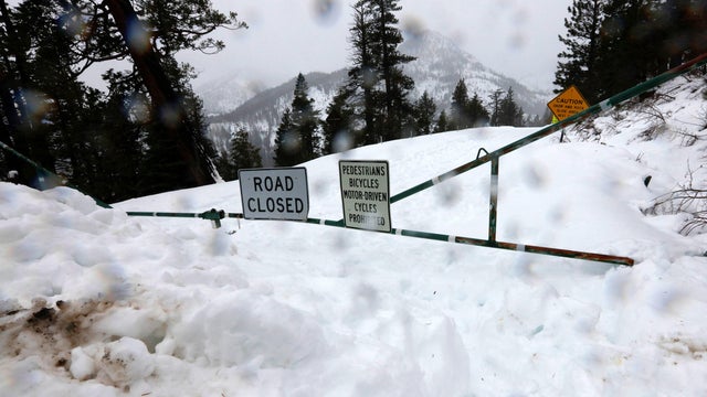 State Highway 28, which rings Lake Tahoe, is closed by snow at Crystal Bay, California, Jan. 7, 2017. 