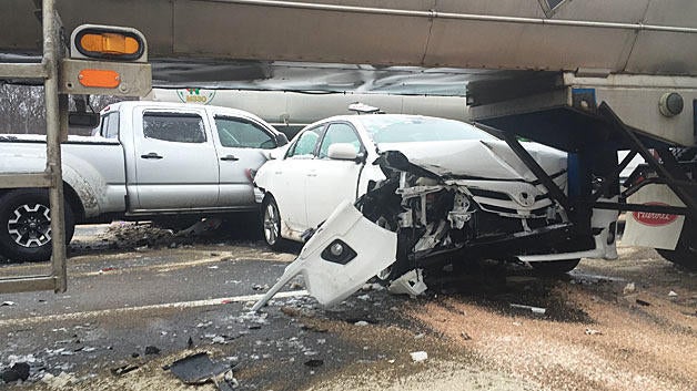 Cars crashed on state Route 128 in the area of Lynnfield, Massachusetts, and Wakefield, Massachusetts, on Feb. 8, 2017. 
