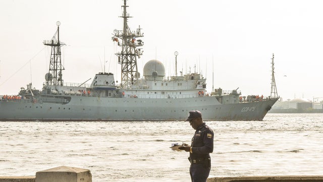 Russian Vishnya (also known as Meridian) class warship CCB-175 Viktor Leonov, arrives at Havana's harbor on Feb. 27, 2014. The Vishnya class ships are used for gathering intelligence. 