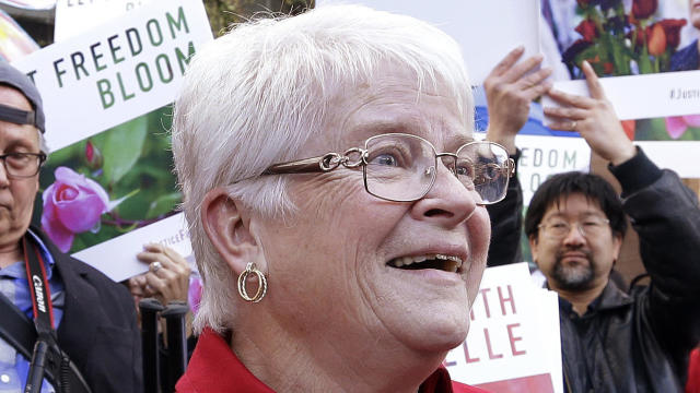 Barronelle Stutzman, center, a Richland, Wash., florist who was fined for denying service to a gay couple in 2013, reacts to being surrounded by supporters after a hearing before Washington’s Supreme Court Nov. 15, 2016, in Bellevue, Wash. 
