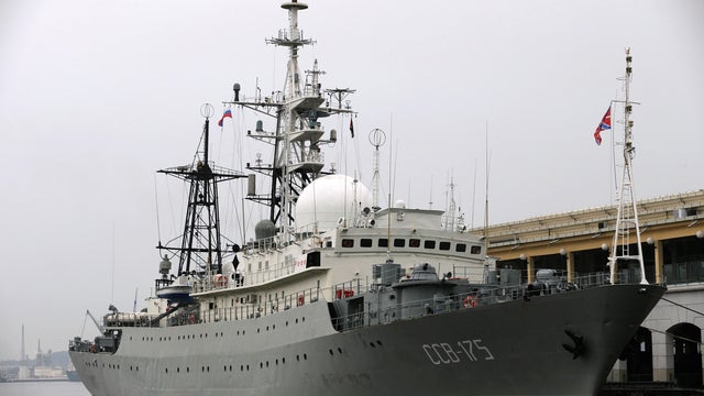 The Viktor Leonov CCB-175, a Russian navy intelligence warship, is docked in Old Havana Jan. 20, 2015, in Havana, Cuba. 