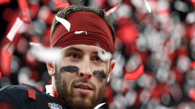 Baker Mayfield, No. 6 of the Oklahoma Sooners, celebrates after defeating the Auburn Tigers 35-19 during the Allstate Sugar Bowl at the Mercedes-Benz Superdome on Jan. 2, 2017, in New Orleans, Louisiana. 