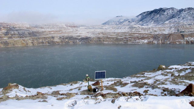 A Phoenix Wailer bird deterrent sits on the bank of the Berkeley Pit in Butte, Mont., Dec. 14, 2016. 