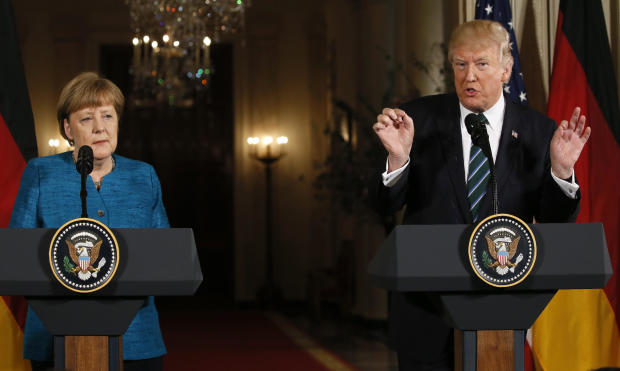 President Trump speaks as he holds a joint news conference with German Chancellor Angela Merkel in the East Room of the White House in Washington March 17, 2017. 