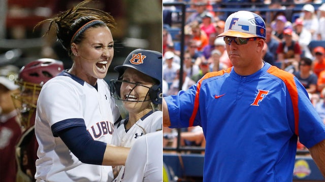 In a photo combination, Auburn infielder Haley Fagan, without helmet, celebrates in the eighth inning of an NCAA Women&rsquo;s College World Series softball game in Oklahoma City June 5, 2016, and Florida&rsquo;s head coach Tim Walton gestures to one of his players d 