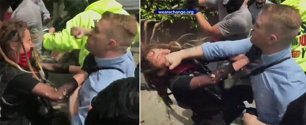 2 Frames from Video Showing Woman Punched at the Patriots Day Protest in Berkeley 