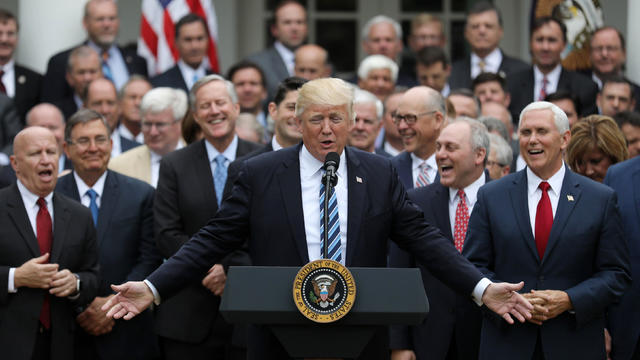 President Trump gathers with Vice President Mike Pence and congressional Republicans in the Rose Garden of the White House after the House of Representatives approved the American Health Care Act to repeal major parts of Obamacare and replace it with the  