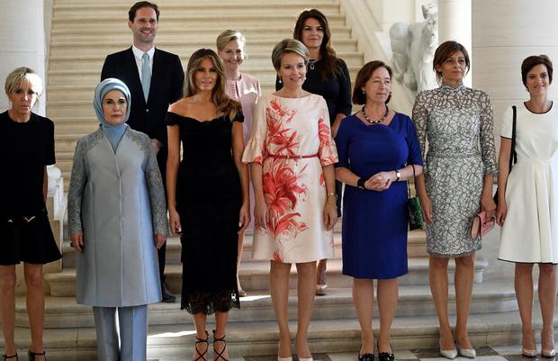 (Front row, L-R): Brigitte Macron of France; Emine Gulbaran Erdogan of Turkey; first lady of the U.S. Melania Trump; Queen Mathilde of Belgium; Ingrid Schulerud, wife of NATO's secretary-general; Desislava Radeva of Bulgaria; Amelie Derbaudrenghien of Bel 