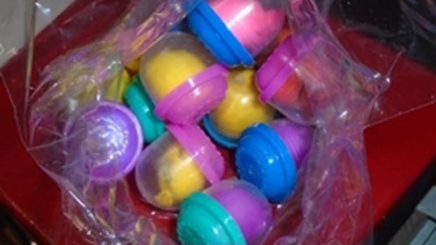 A photo from the Bell Gardens Police Department shows the type of vending-machine toy that was found to contain cocaine after it was purchased at a restaurant in Bell Gardens, California, on June 5, 2017. 