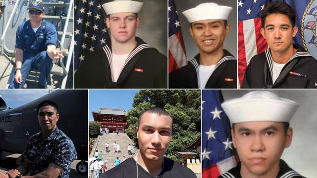 Top from left to right, Navy Fire Controlman 1st Class Gary Leo Rehm Jr., Gunner's Mate Seaman Dakota Kyle Rigsby, Fire Controlman 2nd Class Carlos Victor Ganzon Sibayan and Yeoman 3rd Class Shingo Alexander Douglass. Bottom from left to right, Gunner's M 