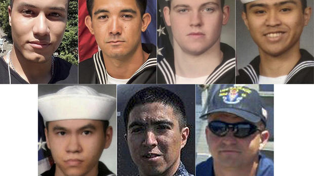 This combination of undated photos released June 19, 2017, by the U.S. Navy shows the seven U.S. sailors who died in a collision between the USS Fitzgerald and a container ship off Japan on June 17, 2017. From top left to right, Personnel Specialist 1st C 