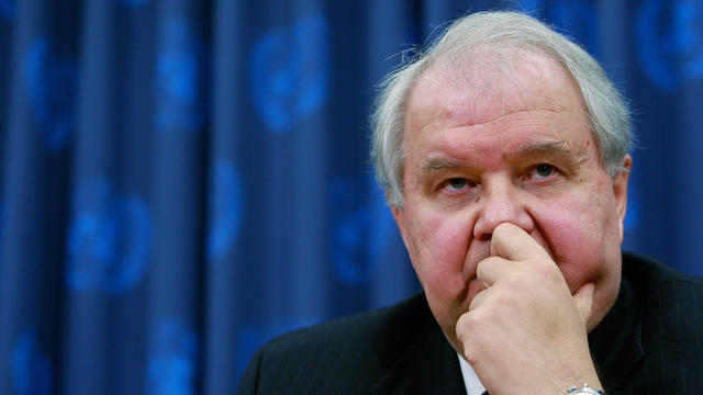 Sergey Kislyak, Russian ambassador to the United States, looks on during a press conference on nuclear non-proliferation at United Nations headquarters Oct. 24, 2008, in New York City. 