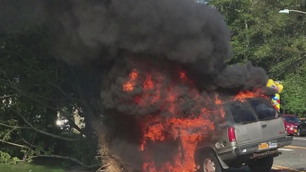 burning SUV on Long Island 