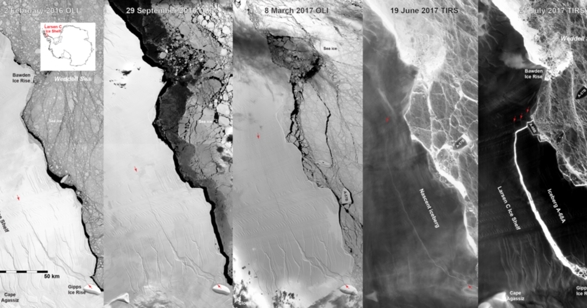 Huge iceberg shown breaking up in NASA satellite's infrared image - CBS ...