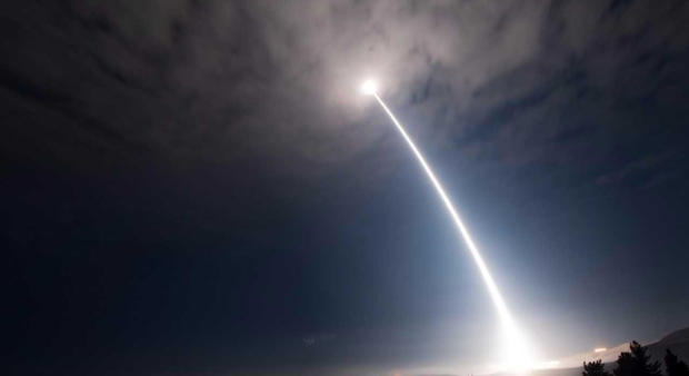 An unarmed Minuteman 3 intercontinental ballistic missile rockets into the sky from Vandenberg Air Force Base in California on Aug. 2, 2017. 