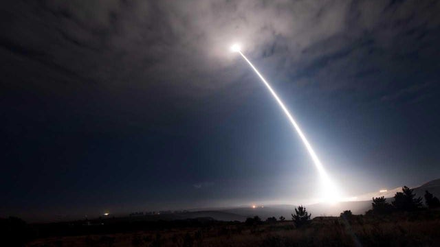 An unarmed Minuteman 3 intercontinental ballistic missile rockets into the sky from Vandenberg Air Force Base in California on Aug. 2, 2017. 