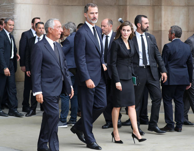 Portuguese president Marcelo Rebelo de Sousa, King Felipe of Spain and his wife Letizia are seen leaving after the High mass in the Basilica of the Sagrada Familia in memory of the victims of the van attack at Las Ramblas in Barcelona 