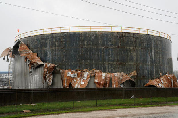 An oil tank damaged by Hurricane Harvey is seen near Seadrift 