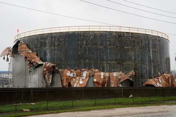 An oil tank damaged by Hurricane Harvey is seen near Seadrift 