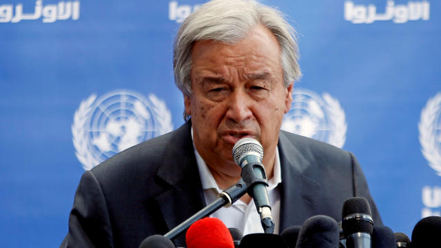 FILE PHOTO: United Nations Secretary-General Antonio Guterres attends a news conference at UN-run school in the northern Gaza Strip 