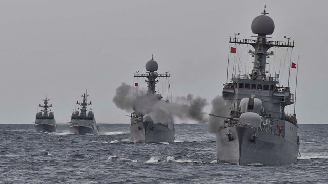 South Korea's naval ships take part in a military drill for possible attack from North Korea in the water of the East Sea 