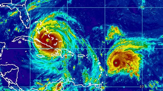 Irma, left, and Jose are seen in an infrared satellite image captured at 10:45 a.m. ET on Sept. 8, 2017. 