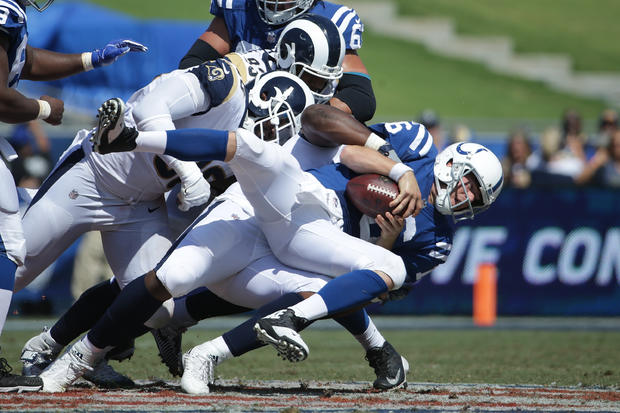 Ethan Westbrooks #93 takes down Andrew Luck's backup Scott Tolzien 