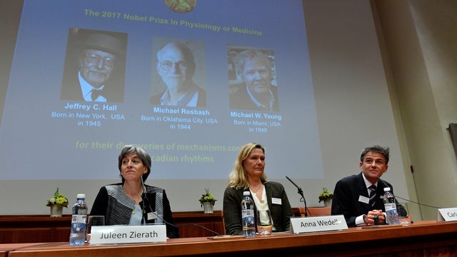Juleen Zierath, Professor of Physiology, Anna Wedell, chairman Nobel Committee for Physiology or Medicine 2017, are seen during the announcement of the winners of the Nobel Prize in Physiology or Medicine 2017, in Stockholm 