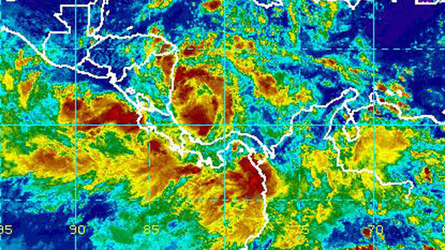 A tropical depression is seen off the eastern coast of Central America in an infrared satellite image captured at 1:15 p.m. ET on Oct. 4, 2017. 
