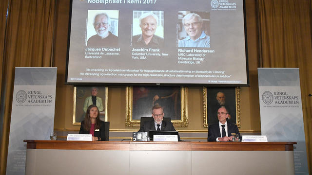 Members of the Nobel Committee announce the 2017 Nobel Prize winners in Chemistry for Jacques Dubochet, Joachim Frank and Richard Henderson at the Royal Academy of Sciences in Stockholm 