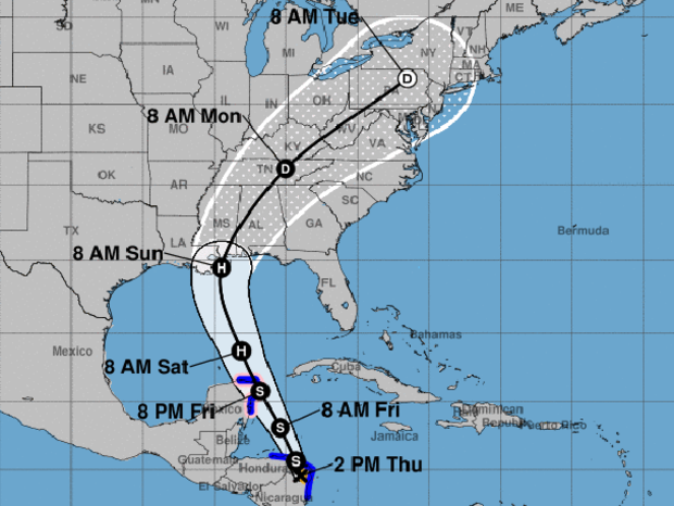 A map from the National Hurricane Center shows the probable path of Tropical Storm Nate as of 2 p.m. ET on Oct. 5, 2017. D stands for tropical depression. S stands for tropical storm. H stands for hurricane. The blue lines represent areas under tropical s 