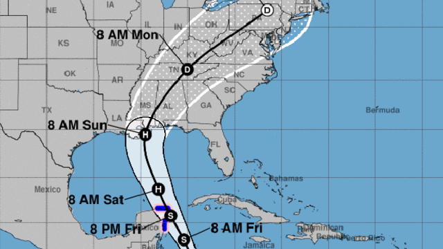 A map from the National Hurricane Center shows the probable path of Tropical Storm Nate as of 2 p.m. ET on Oct. 5, 2017. D stands for tropical depression. S stands for tropical storm. H stands for hurricane. The blue lines represent areas under tropical s 