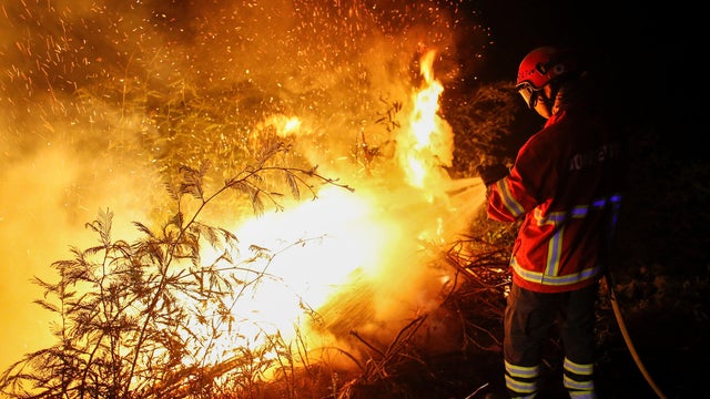 A firefighters works to extinguish flames from a forest fire in Cabanoes near Lousa 